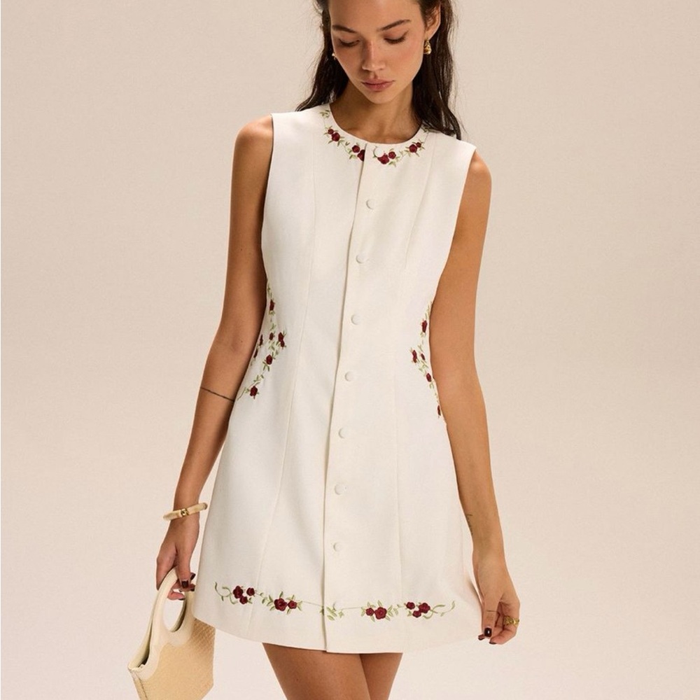 Commense White Dress with Red Floral Embroidery